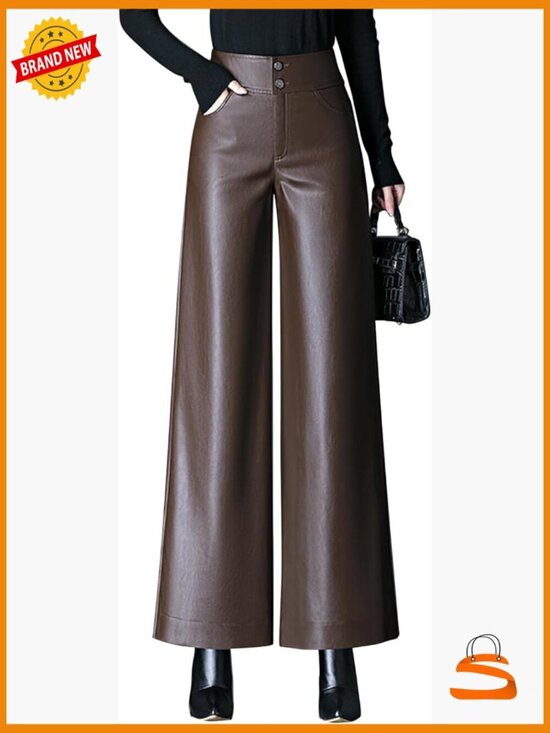 Pants - High Waist Wide Leg Faux Leather Palazzo Pants With Pockets